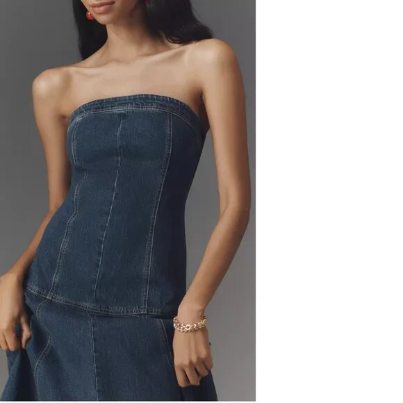 Anthropologie Pilcro Strapless Drop-Waist Denim Midi Dress XS blue nwt NEW - Picture 3 of 6